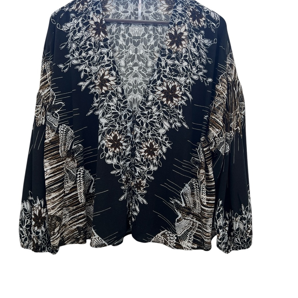 Free People Blouse Women S Black Floral Bird Print Boho V Neck Button Front